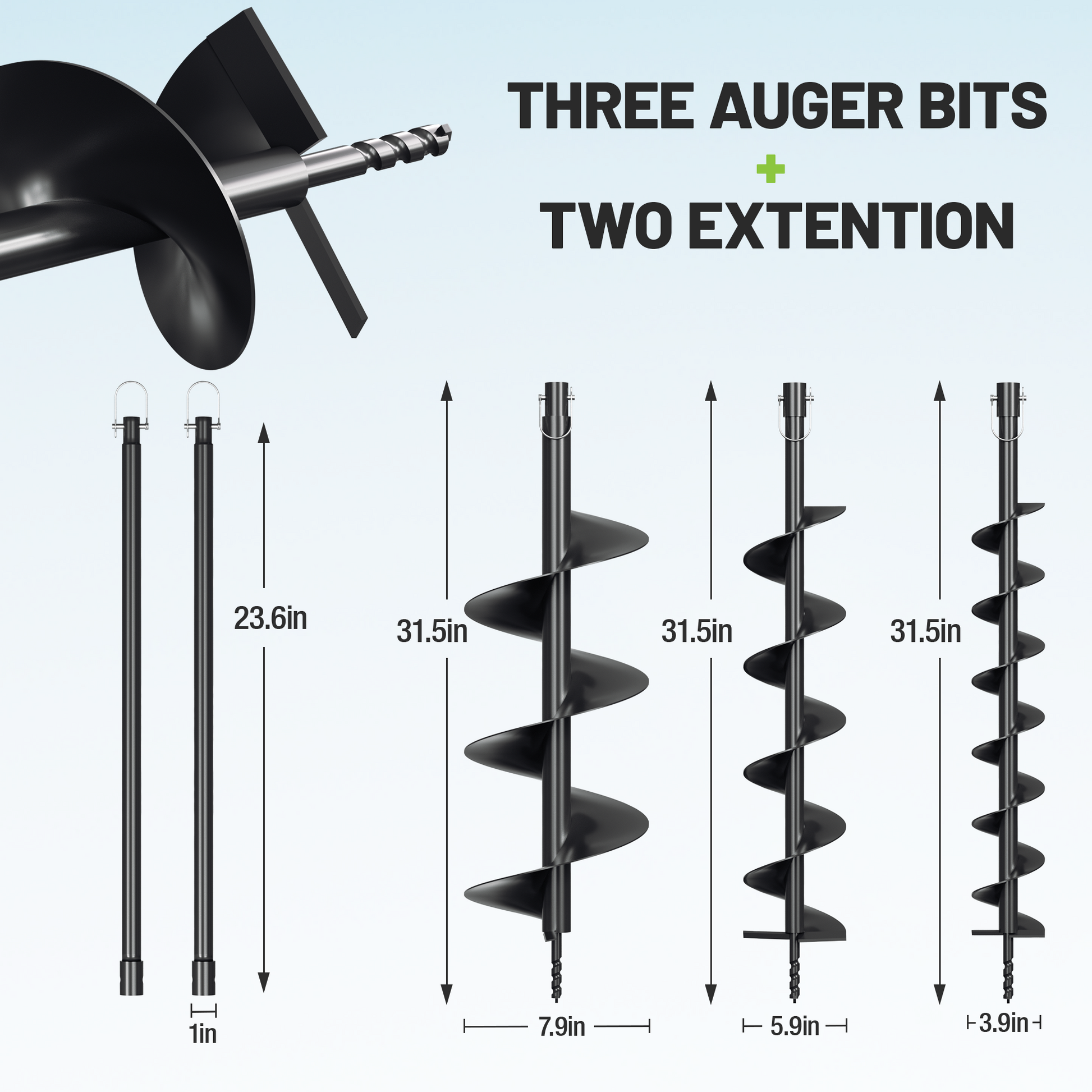 Auger bits with two extension rods and spiral drilling head for earth auger