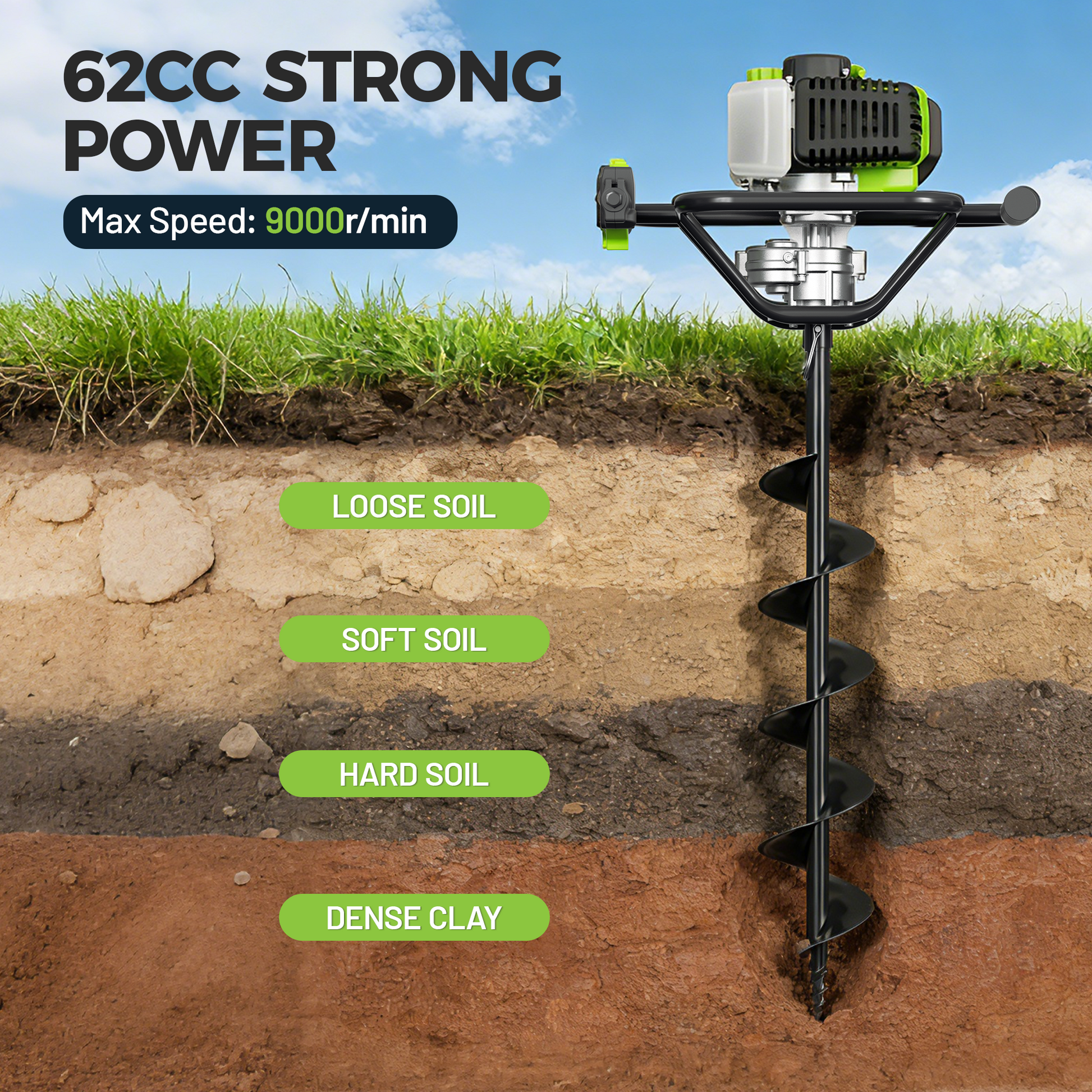 Gas-powered earth auger with green engine and spiral bit for drilling soil