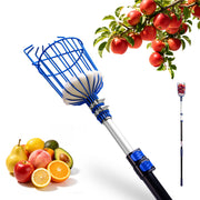 Workpro 12 foot telescoping fruit picker tool with basket for orchard harvesting, shown in blue and silver with a