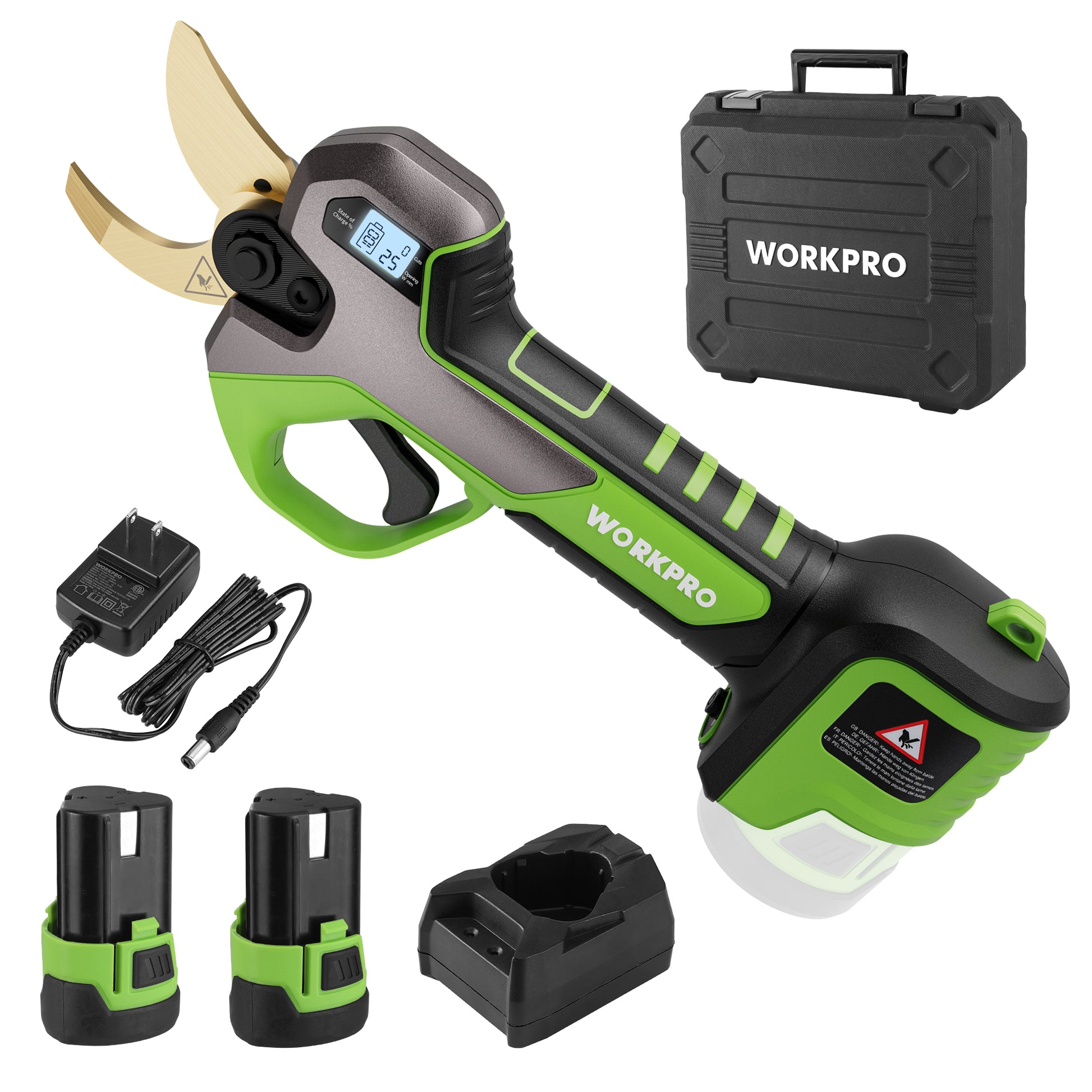 Cordless electric pruning shears set with green-and-black tool, two batteries, charger, case