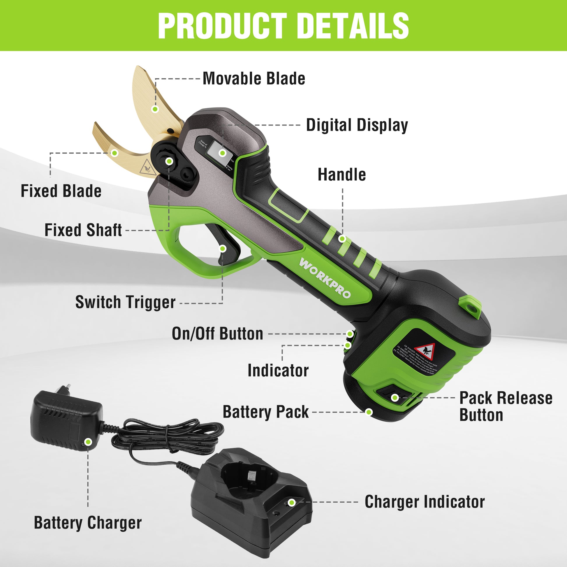 Cordless pruning shears with digital display, trigger handle, battery pack and charger components