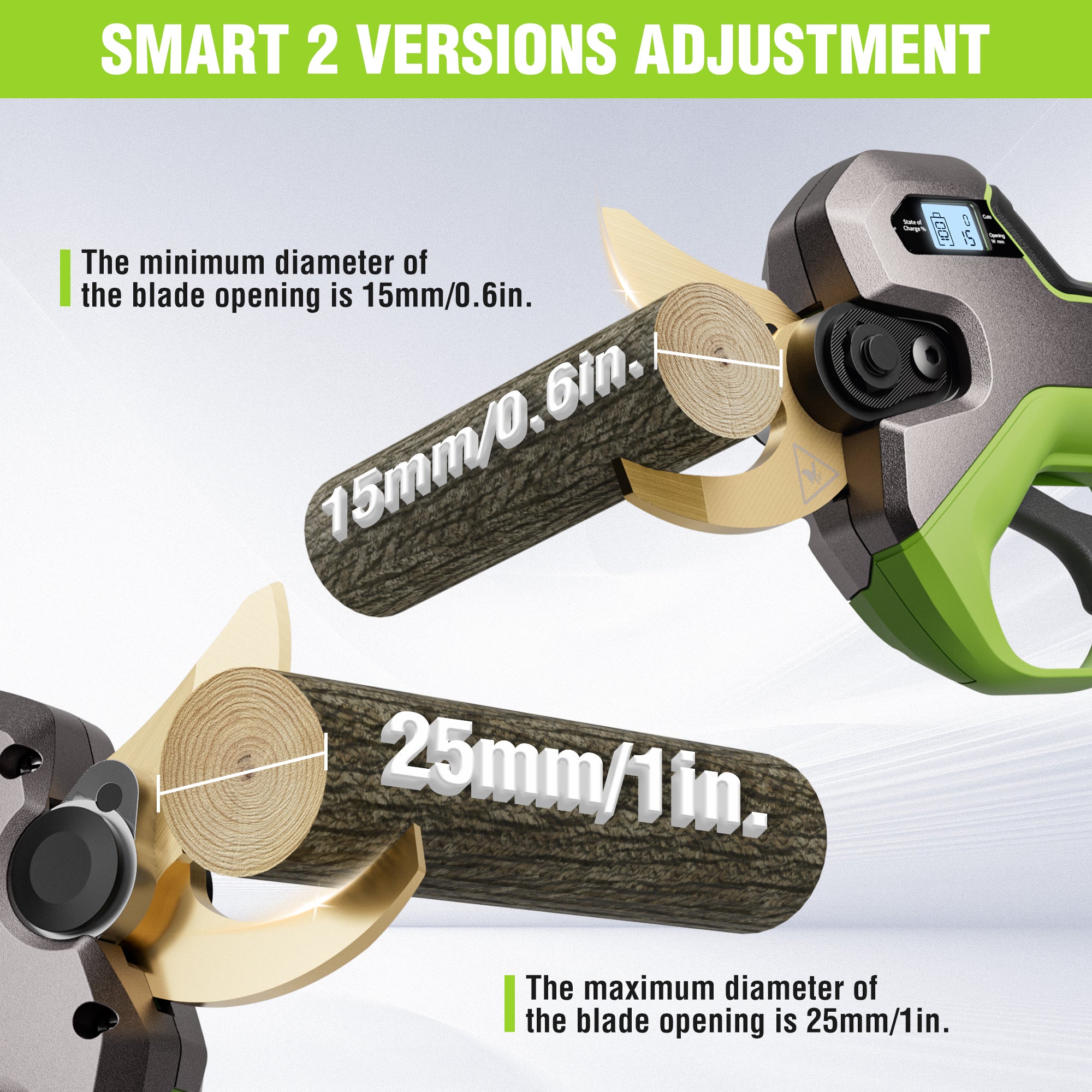 Cordless pruning shears demonstrating blade opening on cut wood logs