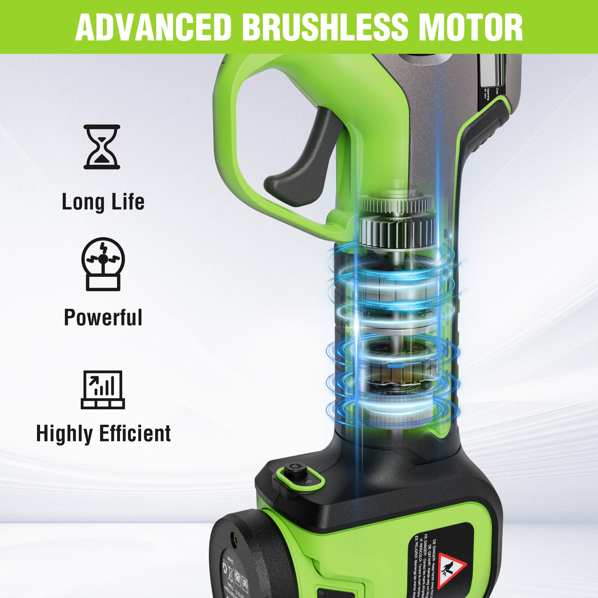 Cordless electric pruning shears with green safety guard and trigger handle