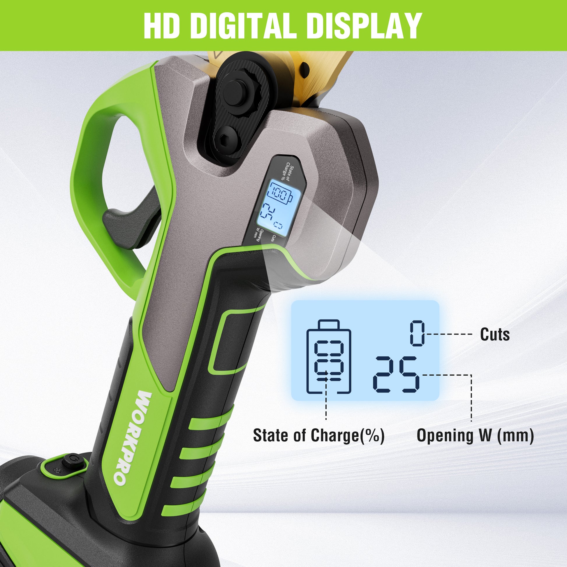 Cordless pruning shears with HD digital display and charge status screen