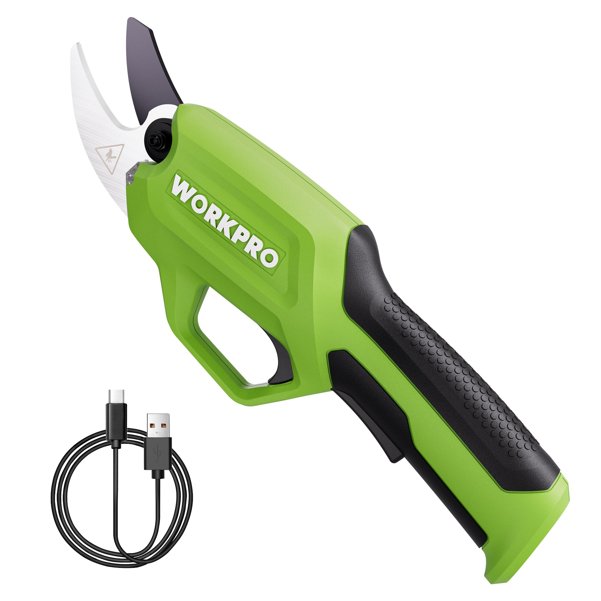 Green cordless pruning shears with black grip and open blade guard