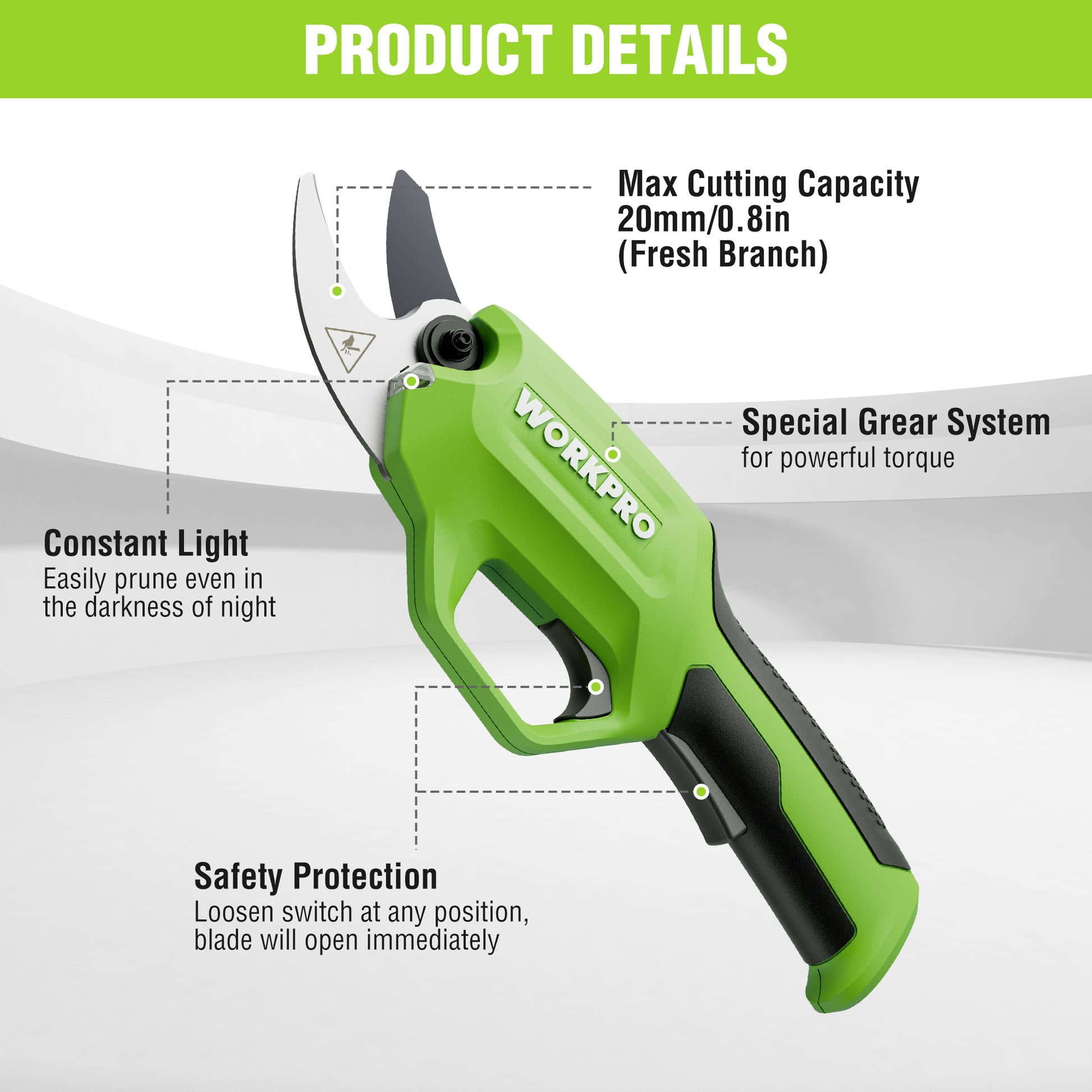 Green cordless pruning shears with blade and ergonomic handle