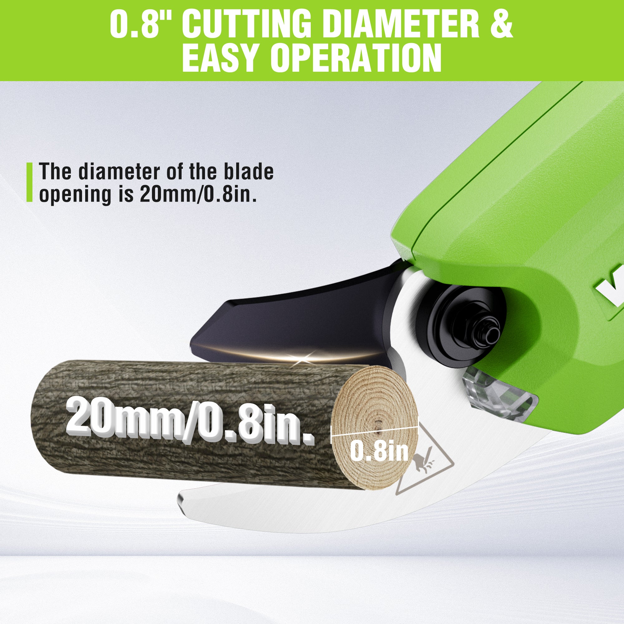 Green pruning shear blade cutting a wooden branch, 20mm opening shown