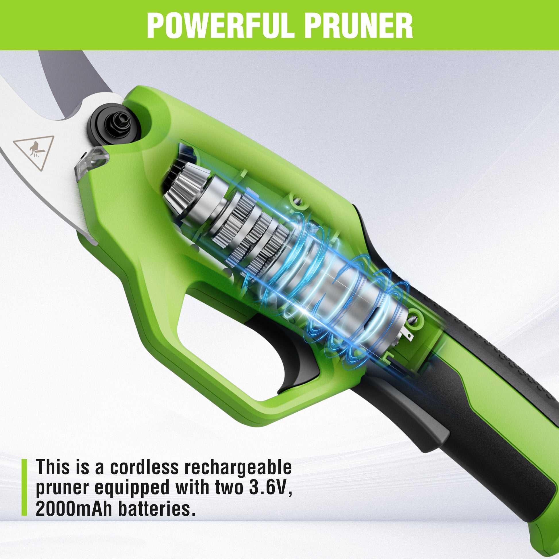 Green cordless tree pruner with transparent motor area and blade
