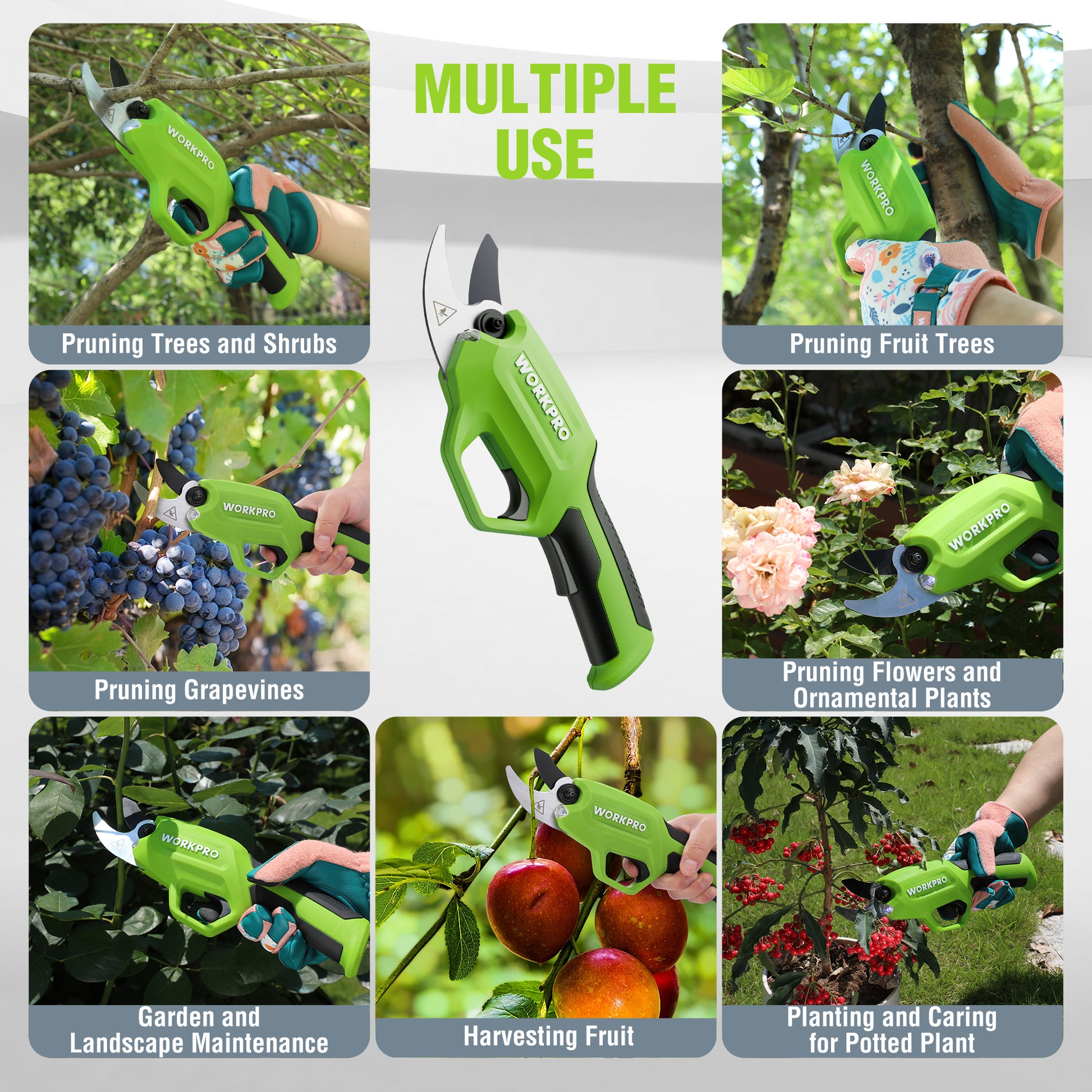 Green cordless pruning shears with extended blade for garden pruning