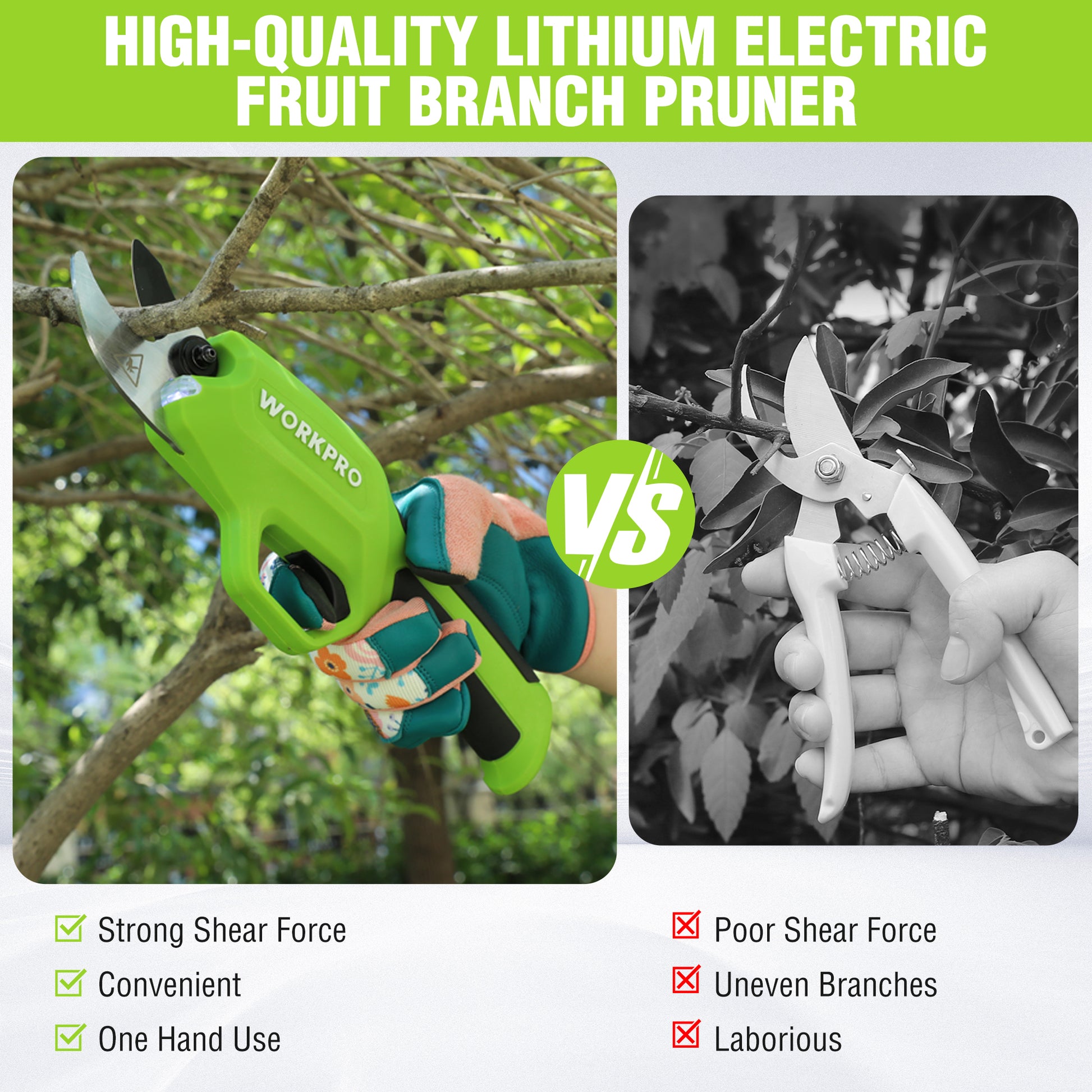 Green cordless fruit branch pruner with hand grip and blade near branches