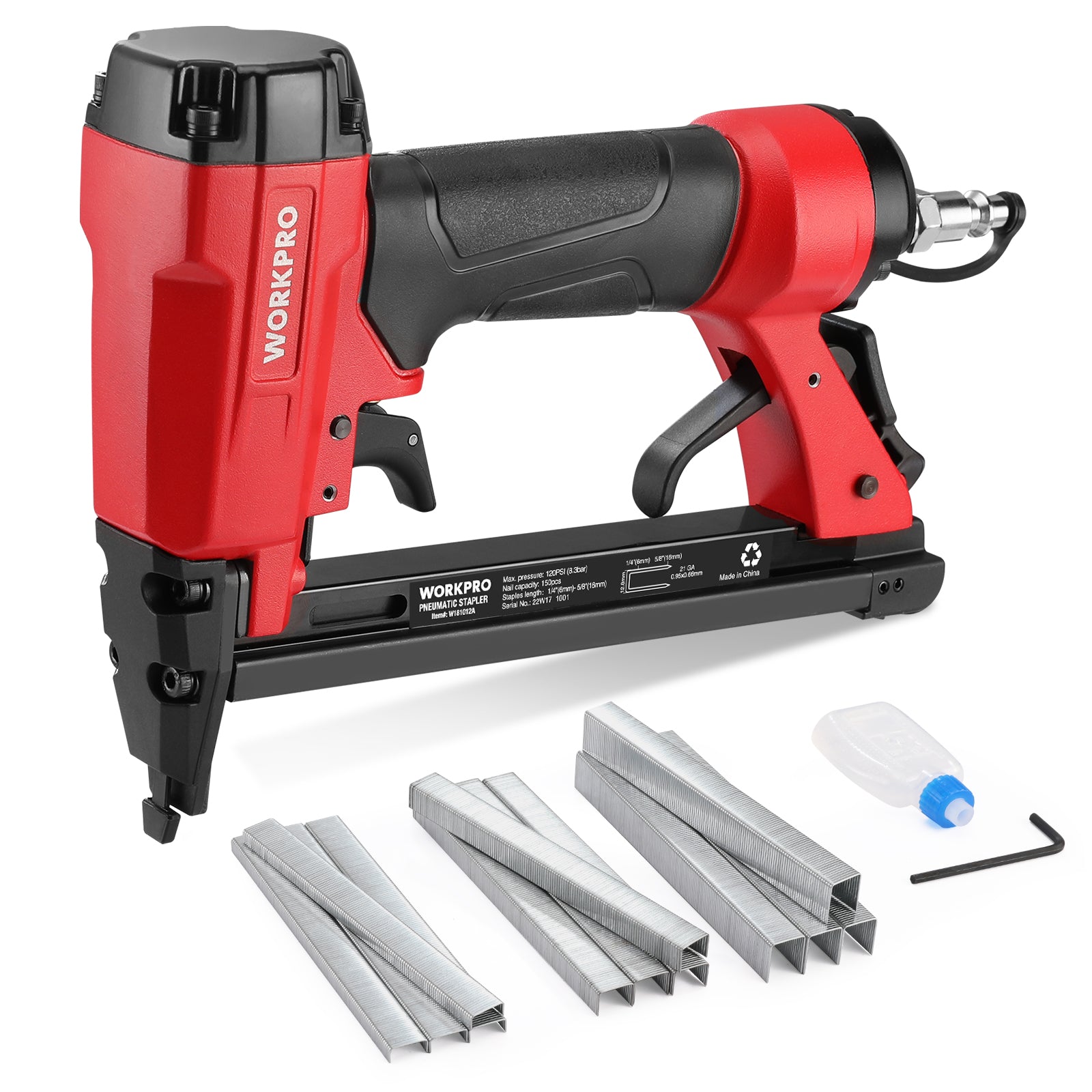 WORKPRO Pneumatic 21 Gauge Staple Gun, 8016 Upholstery Stapler with 1500pcs Staples 1/4” to 5/8”