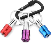 Three 1/4-inch hex bit holder keychains with red, purple and blue quick-release caps