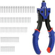 Blue and black pop rivet gun with red accents, interchangeable nosepieces and rivets