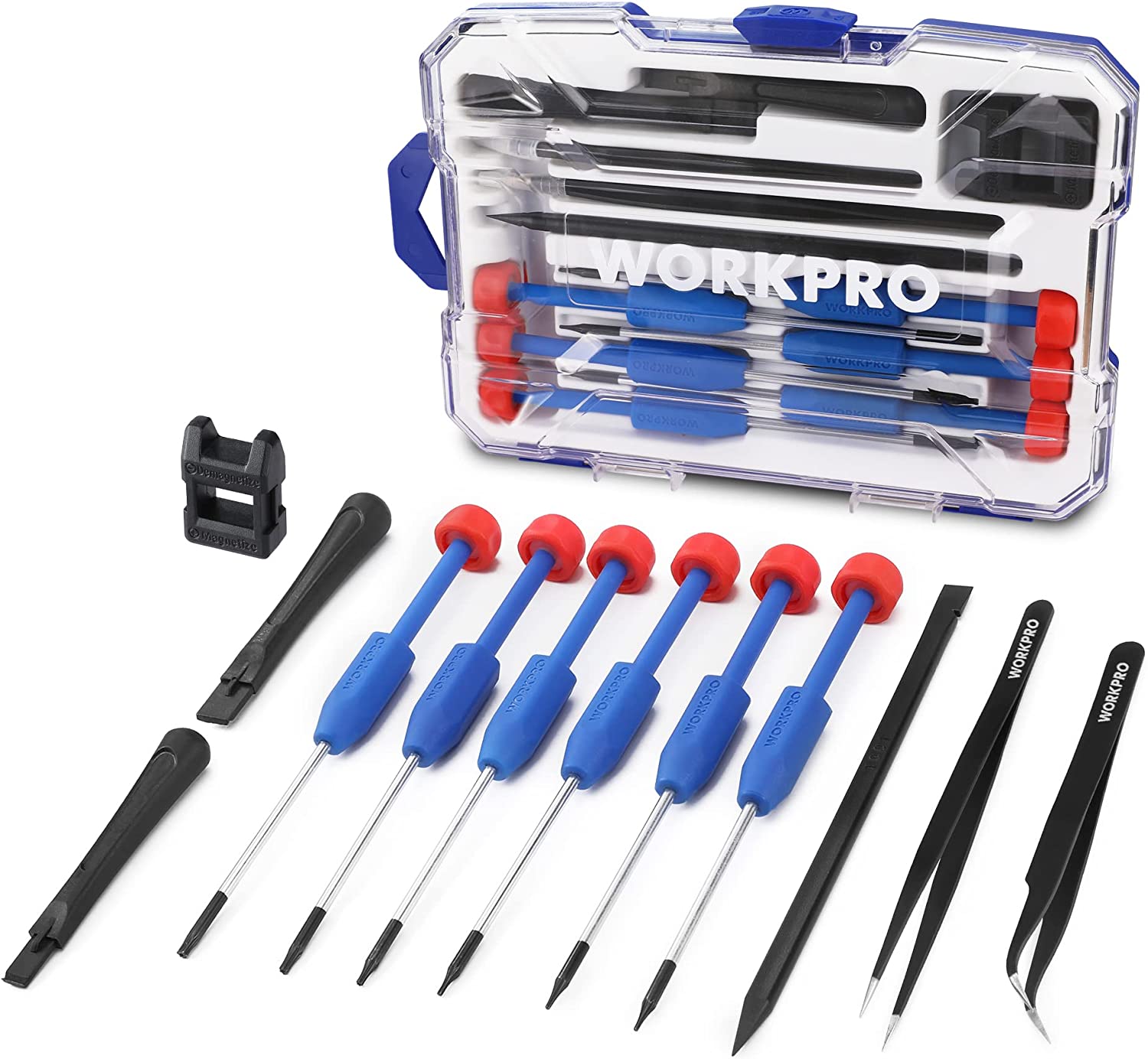 Magnetic precision screwdriver and bit set with blue/red handles and clear storage case