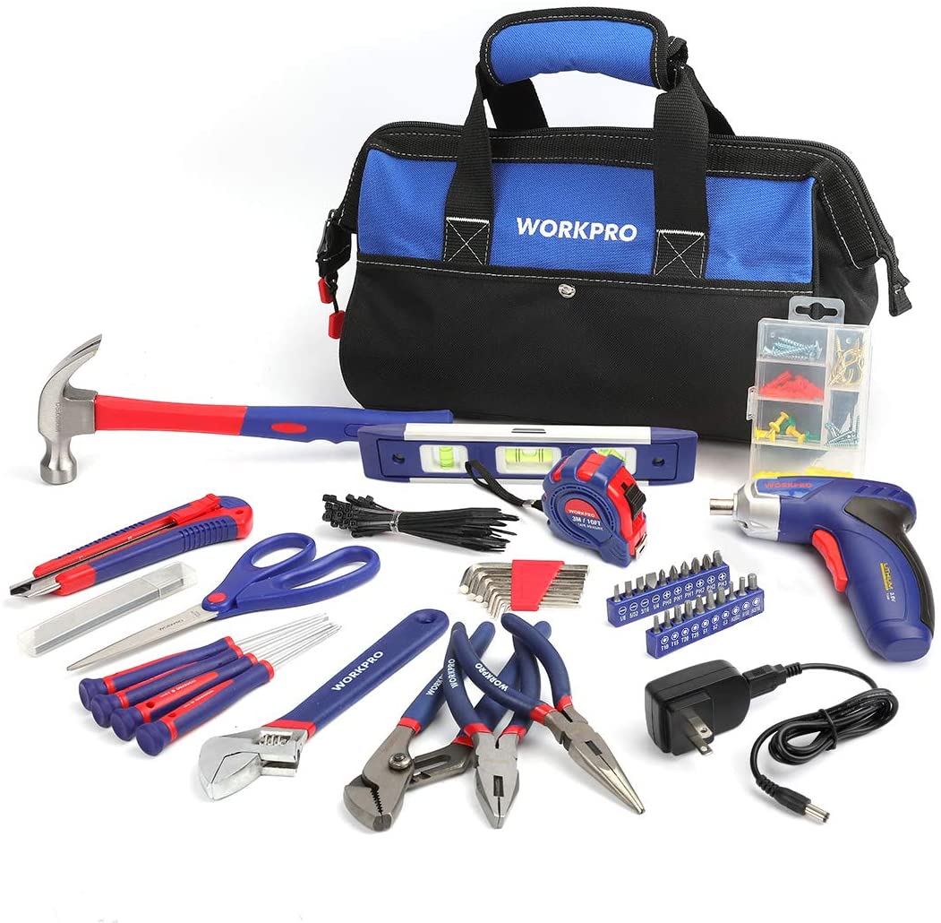 Household tool kit with blue-and-black carrying bag and assorted hand tools