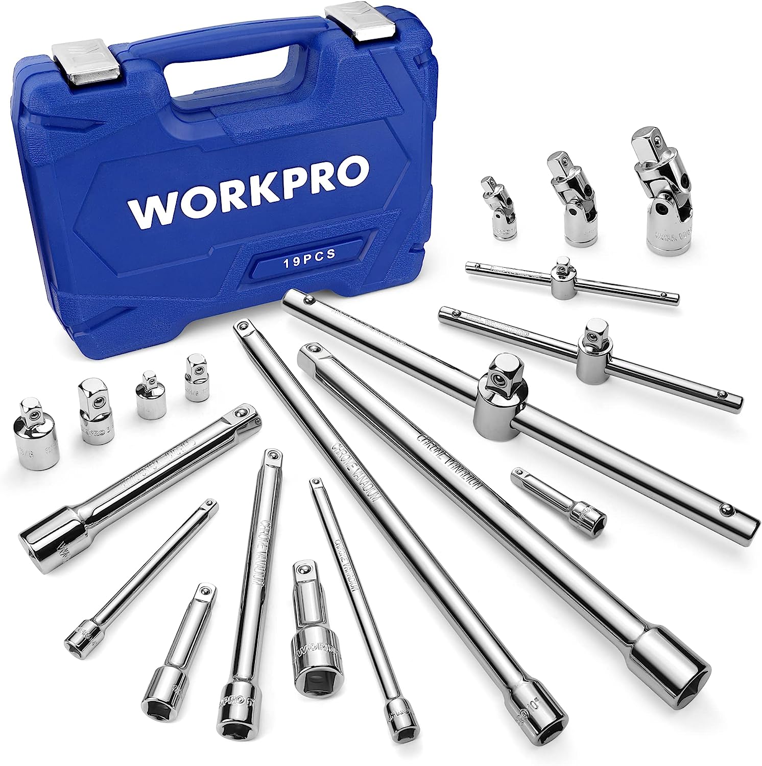 Drive socket extension set with blue storage case and chrome extensions in assorted sizes