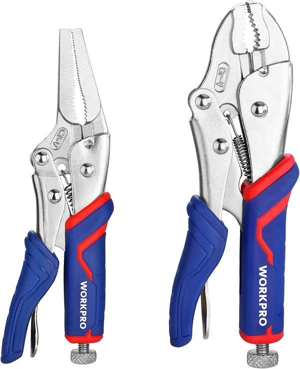 WORKPRO 2-piece Locking Pliers Set, CR-V Steel Locking Pliers, 7 Inch Curved Jaw Locking Plier and 6-1/2 Inch Long Nose Locking Plier, Quick Release, Fit for Clamping Twisting Welding (W)