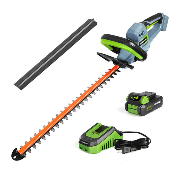 WORKPRO 20V Cordless Hedge Trimmer, 20" Dual Action Blades Electric Hedge Trimmer, with Battery and Charger (W)