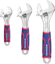 Three chrome adjustable wrenches showing different jaw openings with blue/red grips