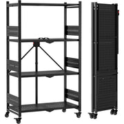 4-tier black metal folding storage rack with perforated shelves and locking casters