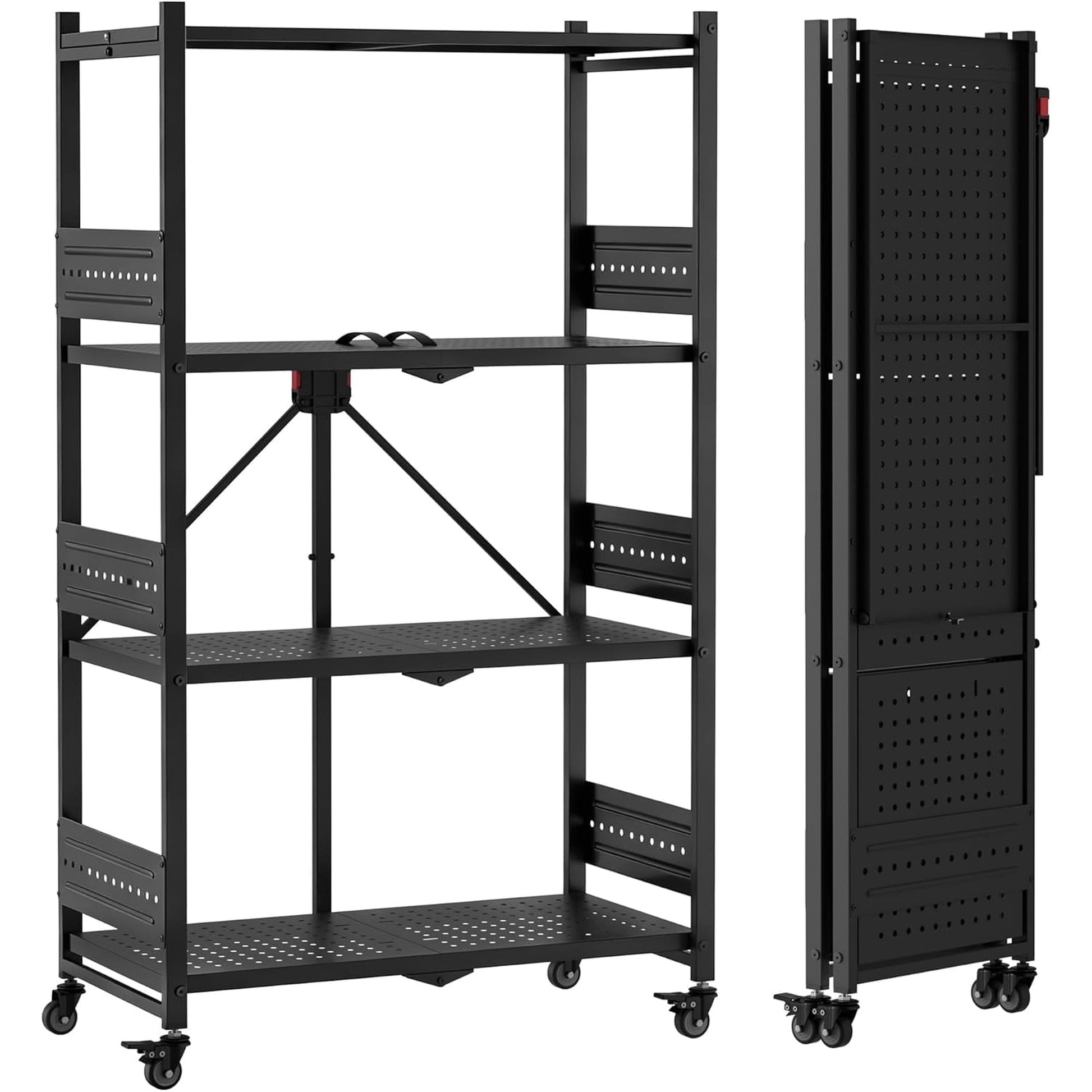 4-tier black metal folding storage rack with perforated shelves and locking casters