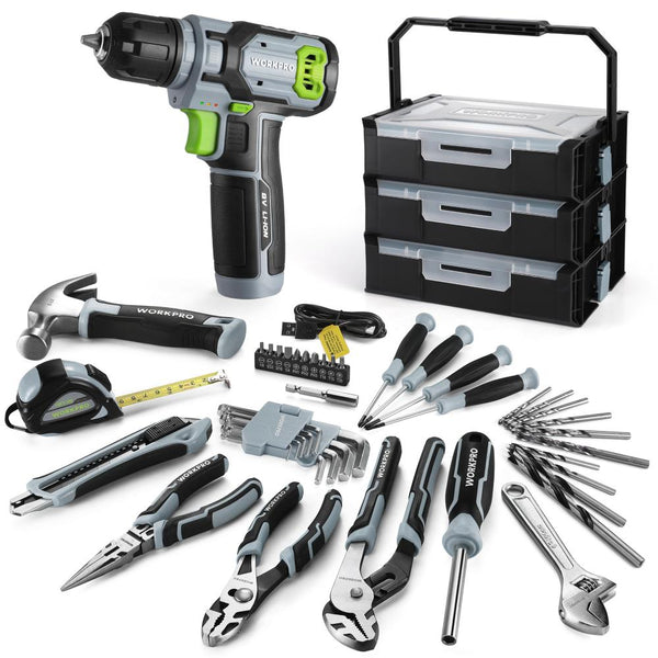 WORKPRO 43PCS Gery Tool Set (8V Cordless Drill Driver Included) with Layer Stack & Carry Box (W)