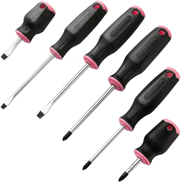 WORKPRO 6-Piece Pink Magnetic Screwdrivers Set, Includes 3 Slotted & 3 Phillips Screwdrivers, Stubby Screwdrivers, Cr-V Shank, Hand Tool Kit for Woman - Pink Ribbon (W)