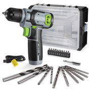 Cordless drill driver kit with translucent-lid storage case and multiple drill bits