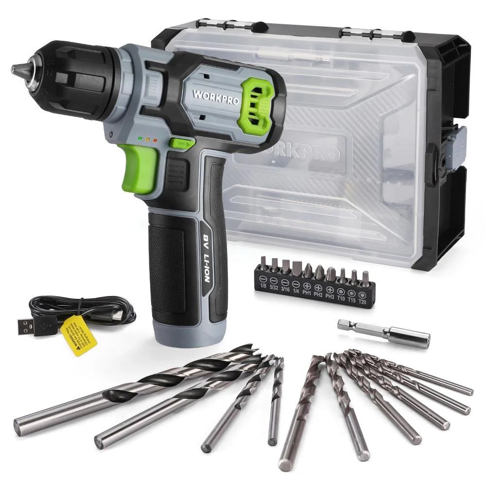 Cordless drill driver kit with translucent-lid storage case and multiple drill bits