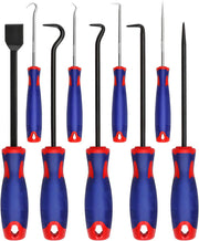 9-piece precision pick and hook set with blue and red non-slip handles