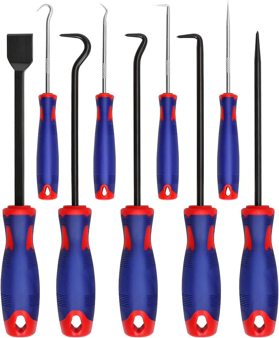 Precision pick & hook tool set with blue/red non-slip handles and black steel tips