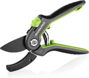 Black and green pruning shears, angled view with curved blade and spring handle
