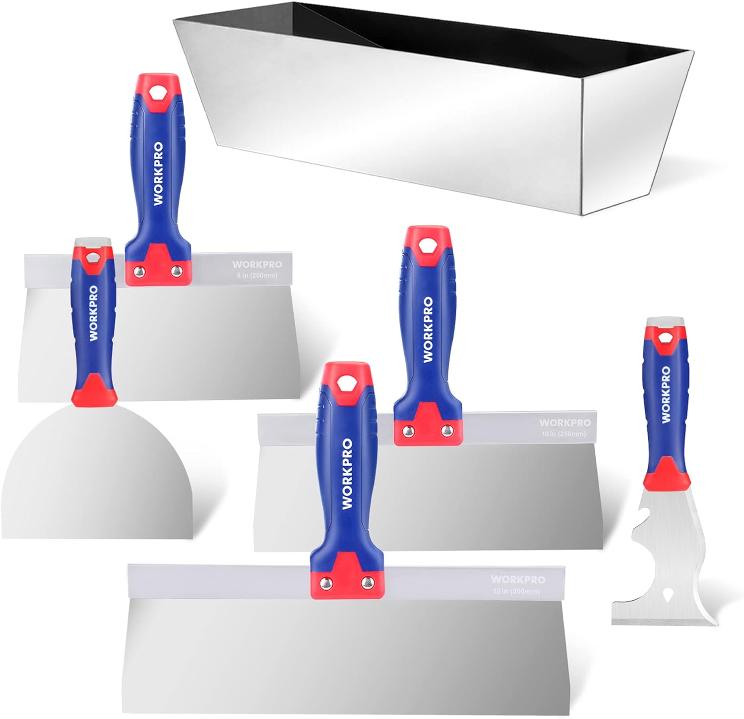WORKPRO 8-in-1 putty knife set with blue handles, stainless blades, and mud pan