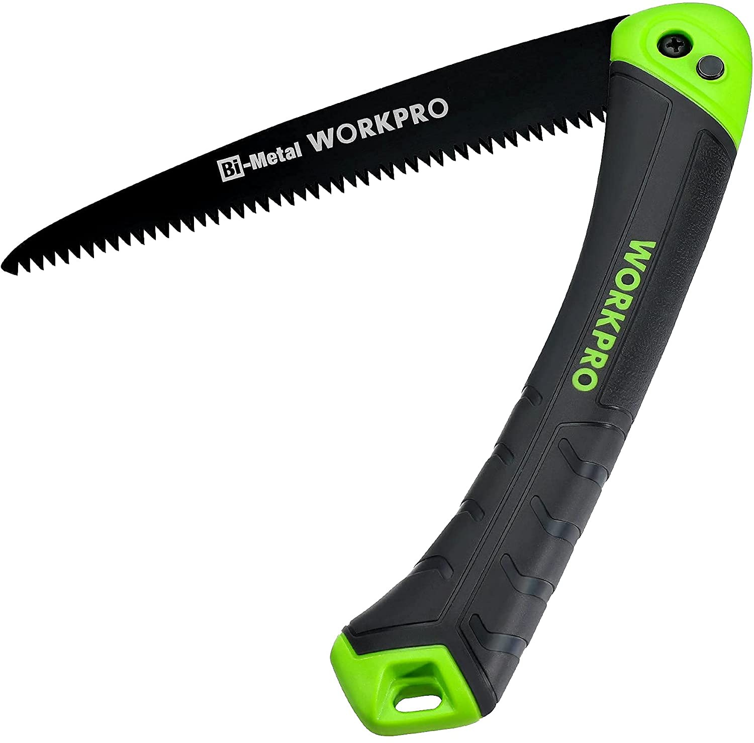 Folding pruning saw with serrated bi-metal blade and green-and-black handle