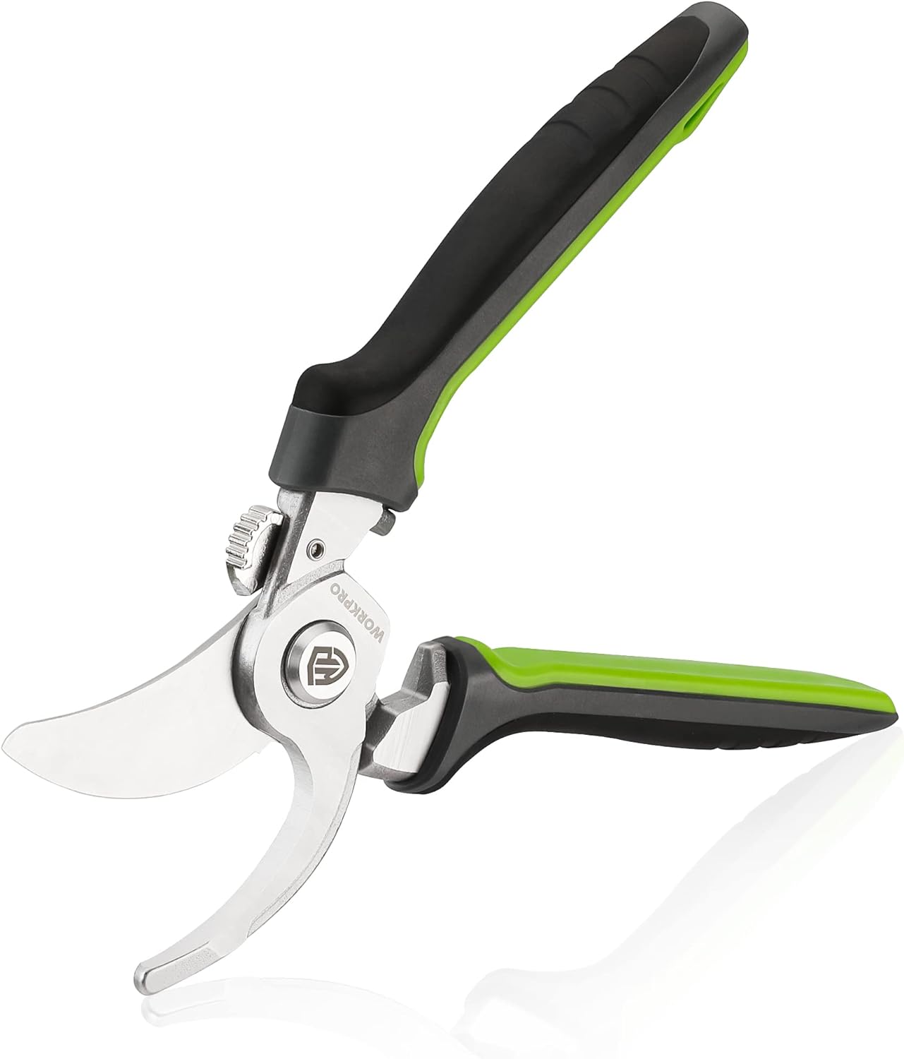 Bypass pruning shears with black overmold handle, green lower grip, and curved silver blades.