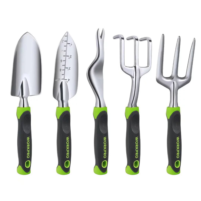 WORKPRO Garden Tool Set, 5 Pieces Gardening Work Gifts, Cast Aluminum Outdoor Hand Tools Kit for Men and Women, Including Trowel Transplanter Weeder Hand Fork Cultivator (W)