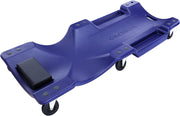 Blue mechanic plastic creeper with padded headrest and rolling caster wheels