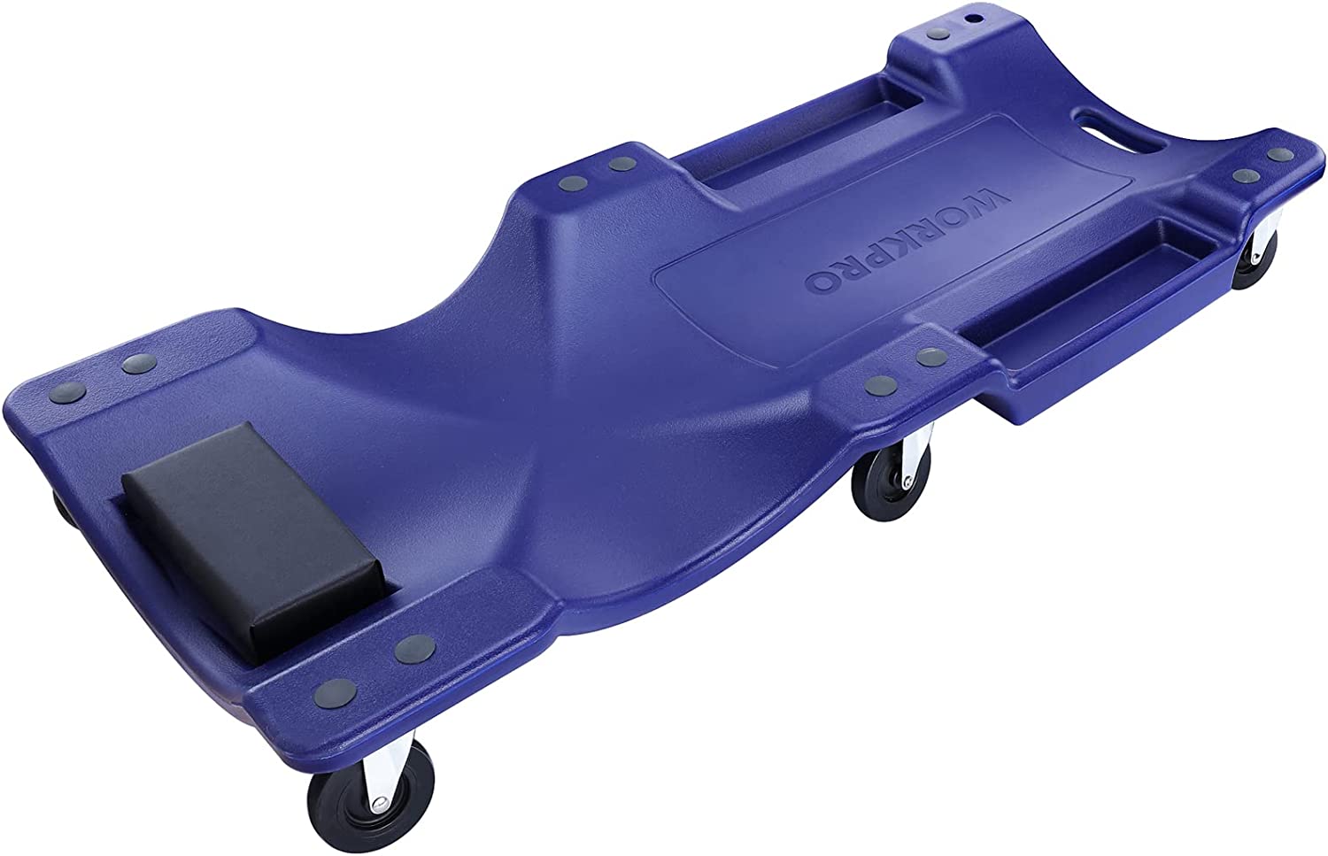 Blue mechanic plastic creeper with padded headrest and rolling caster wheels