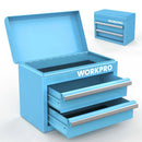 WORKPRO Mini Metal Tool Box with 2 Drawers and Top Storage, Small Tool Chest, Light Blue (upgraded with ball bearing slides)