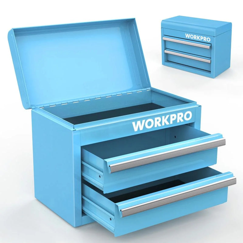 WORKPRO Mini Metal Tool Box with 2 Drawers and Top Storage, Small Tool Chest with PVC Liners and PP Feet Pads, Cold Rolled Steel Toolbox with Magnetic Tab, Blue (W)