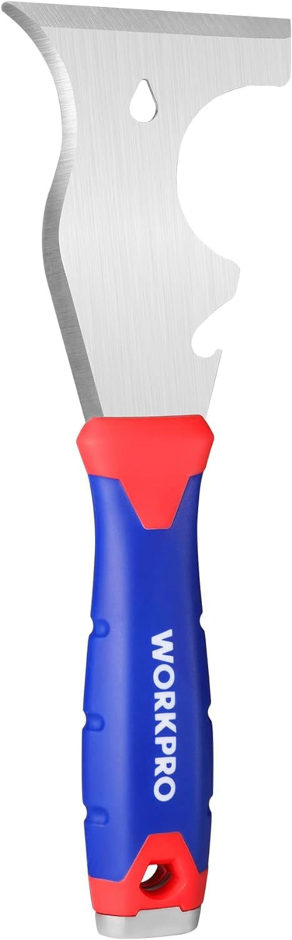WORKPRO metal paint scraper tool with red and blue handle, stainless steel blade