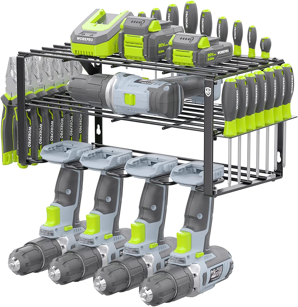 WORKPRO Power Tool Organizer, Wall Mounted Power Tool Holder, 3-Tiers Storage Rack for Cordless Drill Storage, 150 LBS Load Capacity for Garage, Warehouse, Workshop (W)