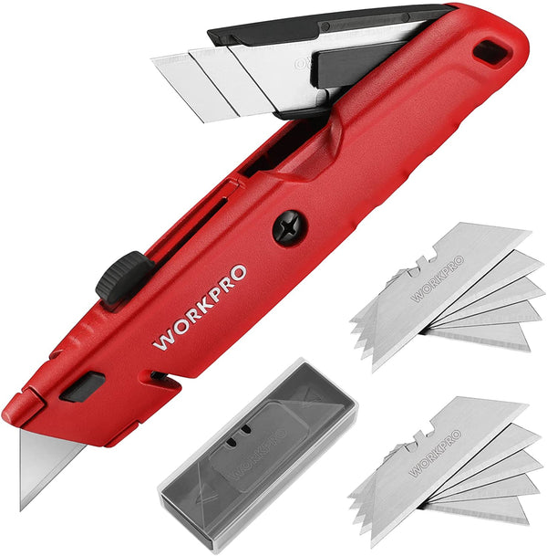 WORKPRO Retractable Box Cutter, Quick Change Utility Knife with Extra Blade Storage - Heavy Duty Aluminum Razor Knife, Twine Cutter, Bonus SK5 Blades Included, Red (W)