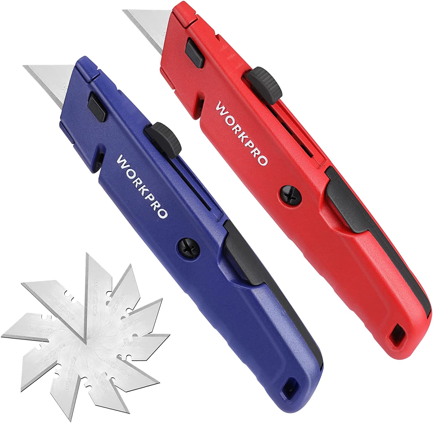 Two retractable box cutters, blue and red handles with spare blades