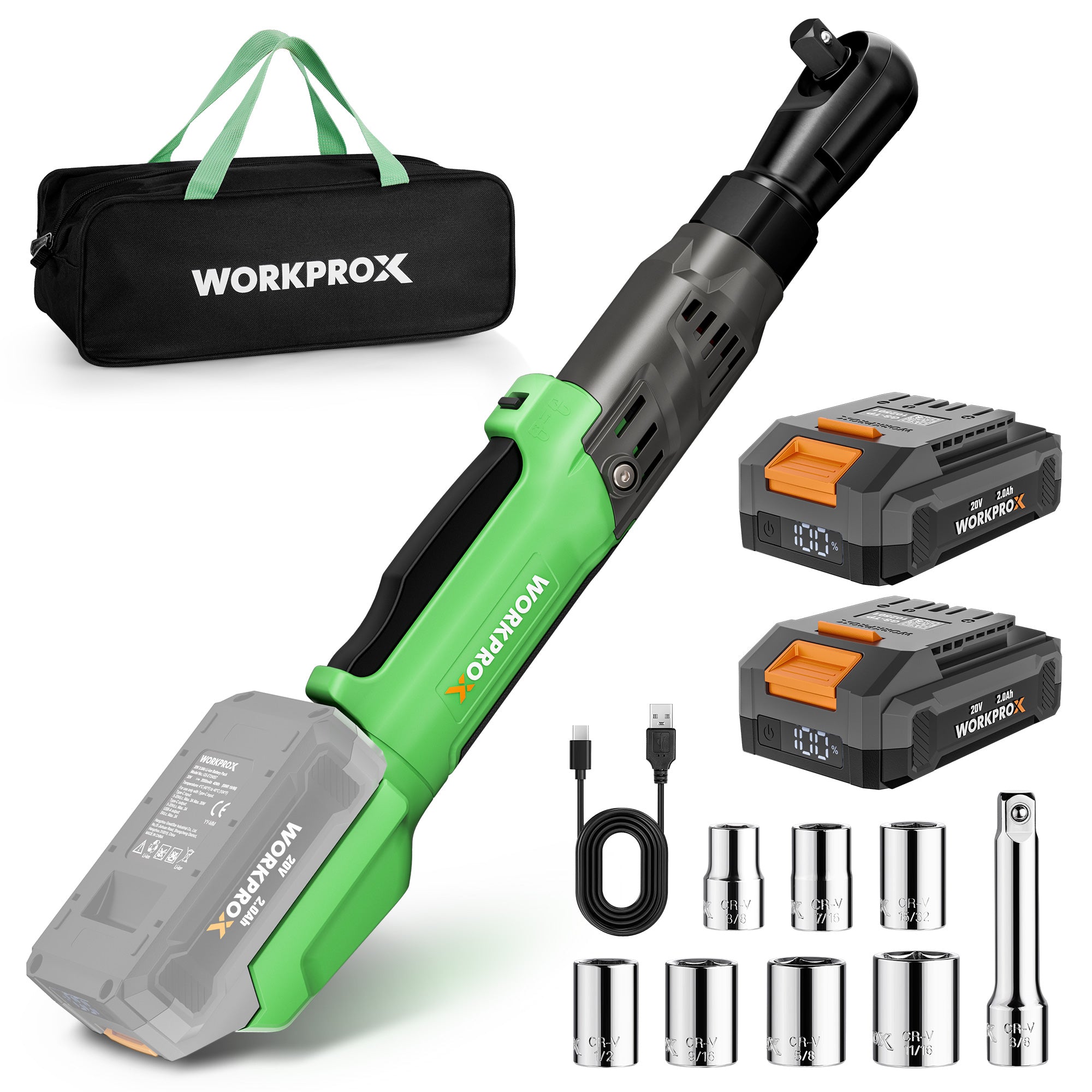 WORKPROX 20V Cordless Ratchet Wrench Kit with 38 inch sockets, innovation and built-in LED light
