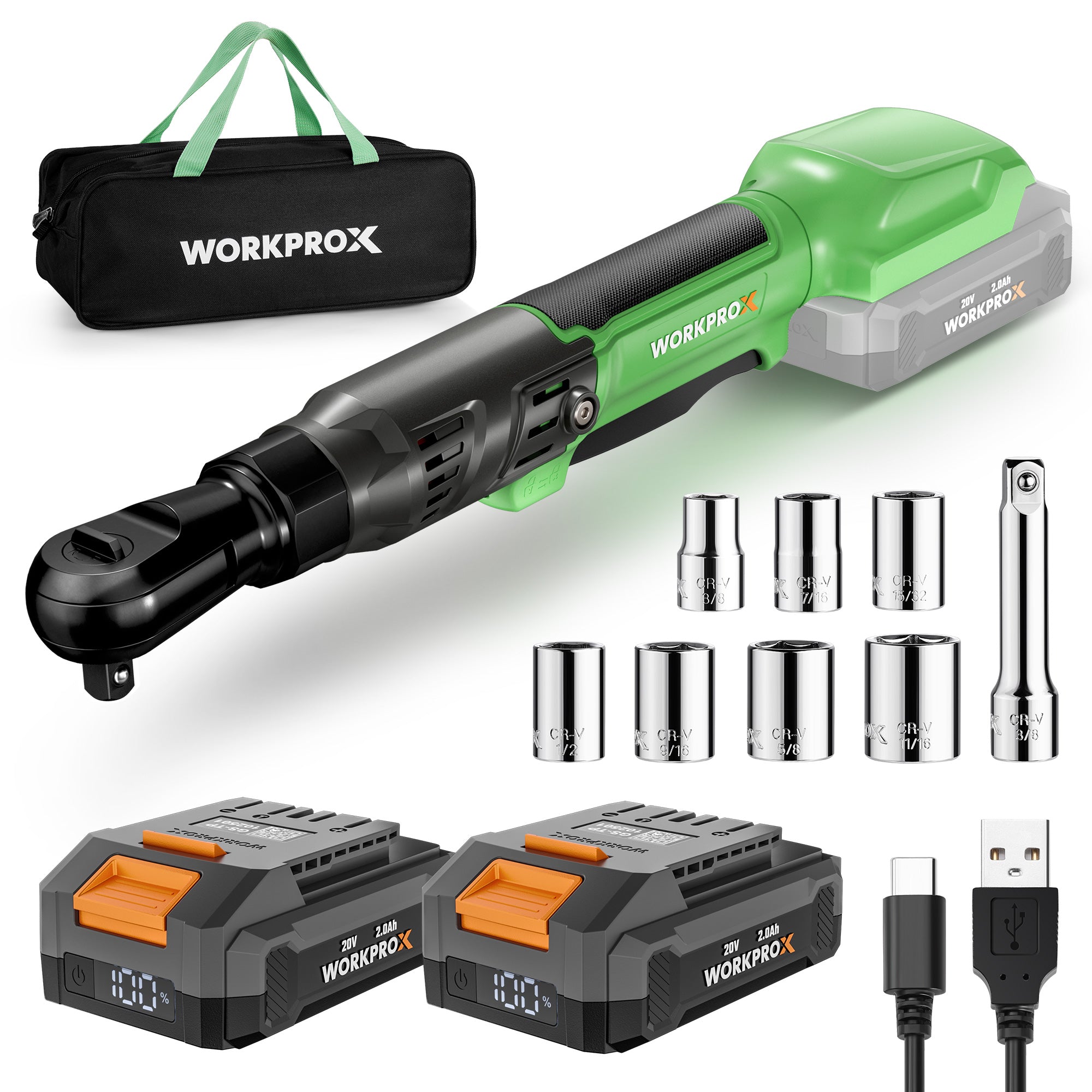 WORKPROX 20V Cordless Ratchet Wrench Kit with 38 sockets, innovation and secure LED power indicator
