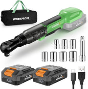 Cordless ratchet wrench kit with sockets, two batteries, and USB charging cable on white background.