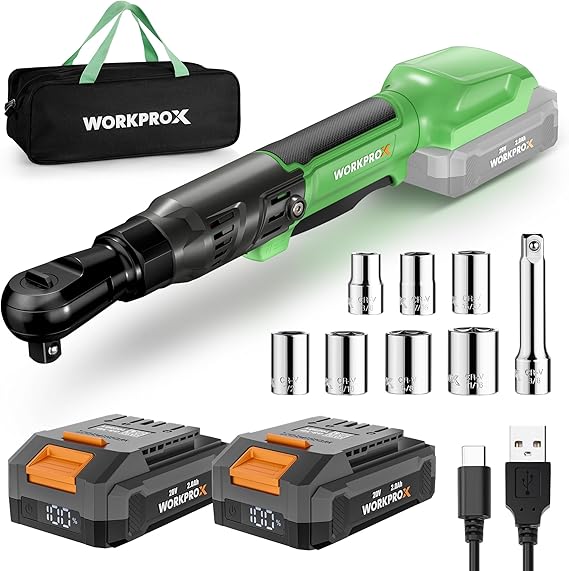 Cordless ratchet wrench kit with sockets, two batteries, and USB charging cable on white background.