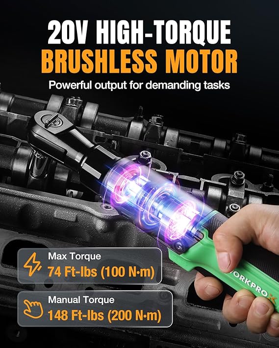 Close-up of cordless ratchet wrench head with illuminated torque indicator