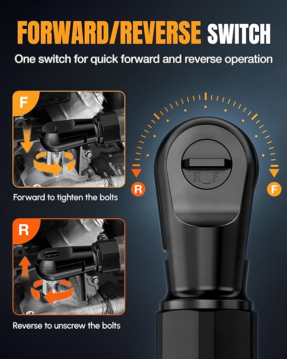 Black and green forward/reverse switch on a cordless ratchet wrench head.